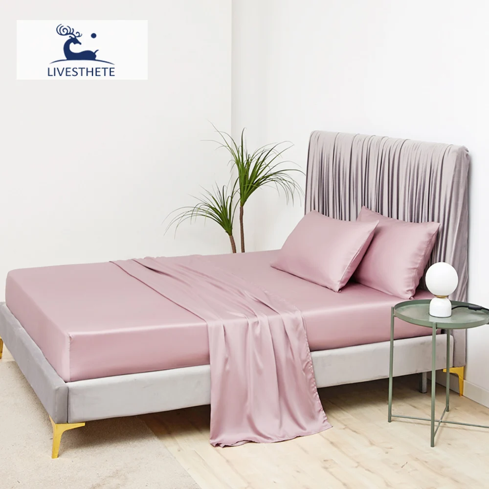

Liv-Esthete Women Pink 100% Silk Fitted Sheet Silky Mattress Cover Elastic Queen King Bed Sheets Pillowcase For Deep Sleep