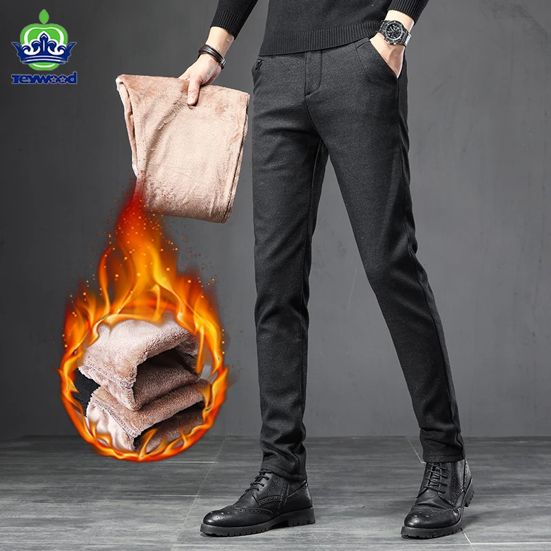 

Pants Men Winter Fleece Thick Business Fashion Stretch Warm Velvet Black Slim Trousers Male Brand clothing Plus Size 28-38