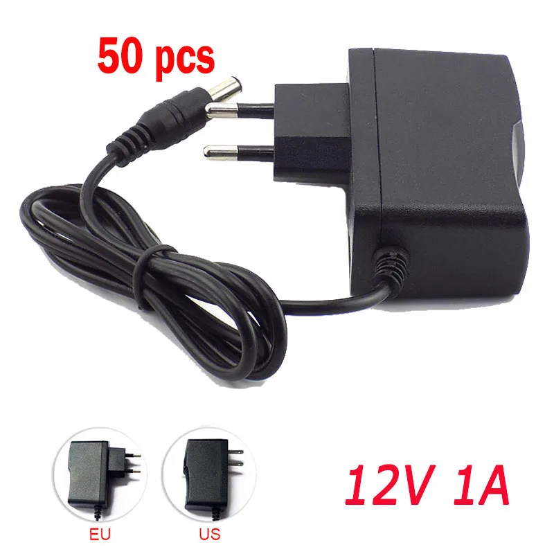 

50pcs AC DC Power Adapter Converter Charger Supply 100V-240V DC 1000ma 12V 1A 5.5mm X 2.1mm Plug in Switching US EU Plug