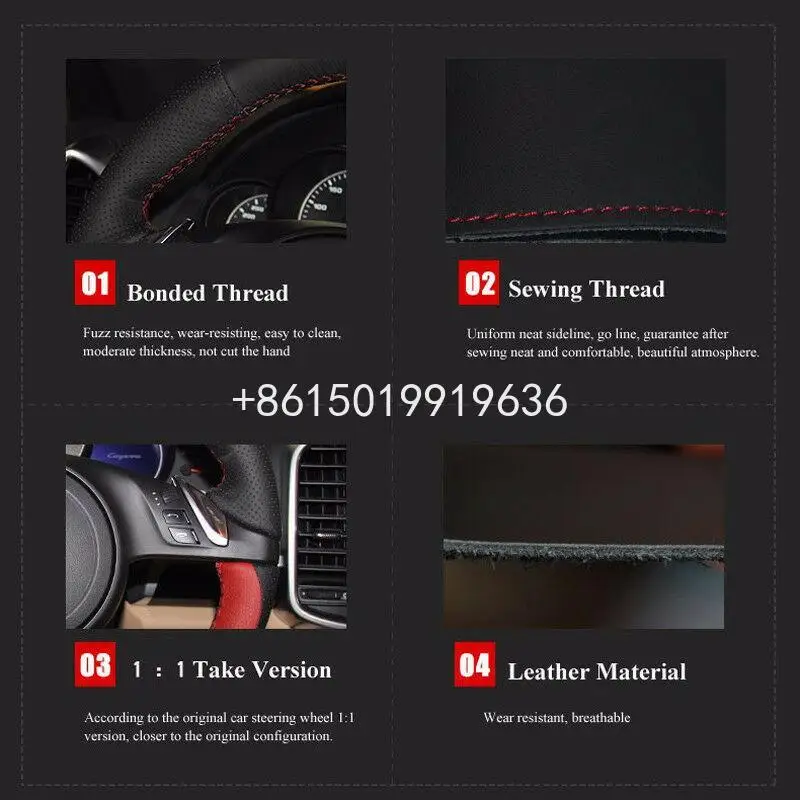 

Top Black Leather Car Steering Wheel Hand-stitch on Wrap Cover For Volkswagen Touareg 2017