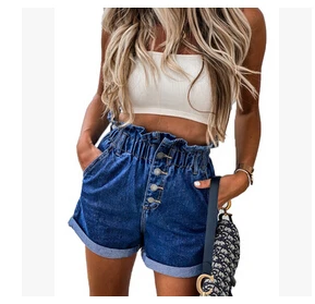 

New Women Ladies High Waist Elastic Waist Rib Hem Denim Shorts