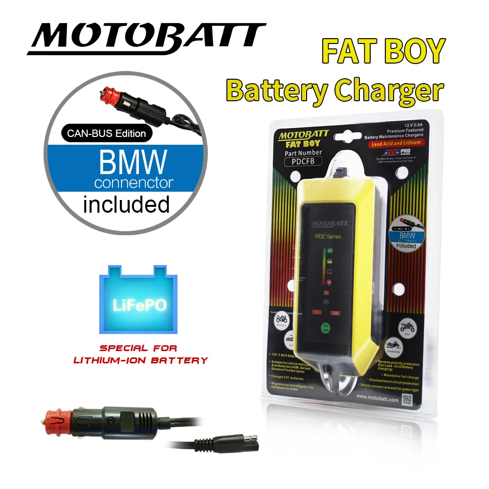 

Motobatte 12V 2.0A Lithium Automatic Battery Charger For Lithium Or Lead acid Battery Motorcycle Tools With BMW Plug