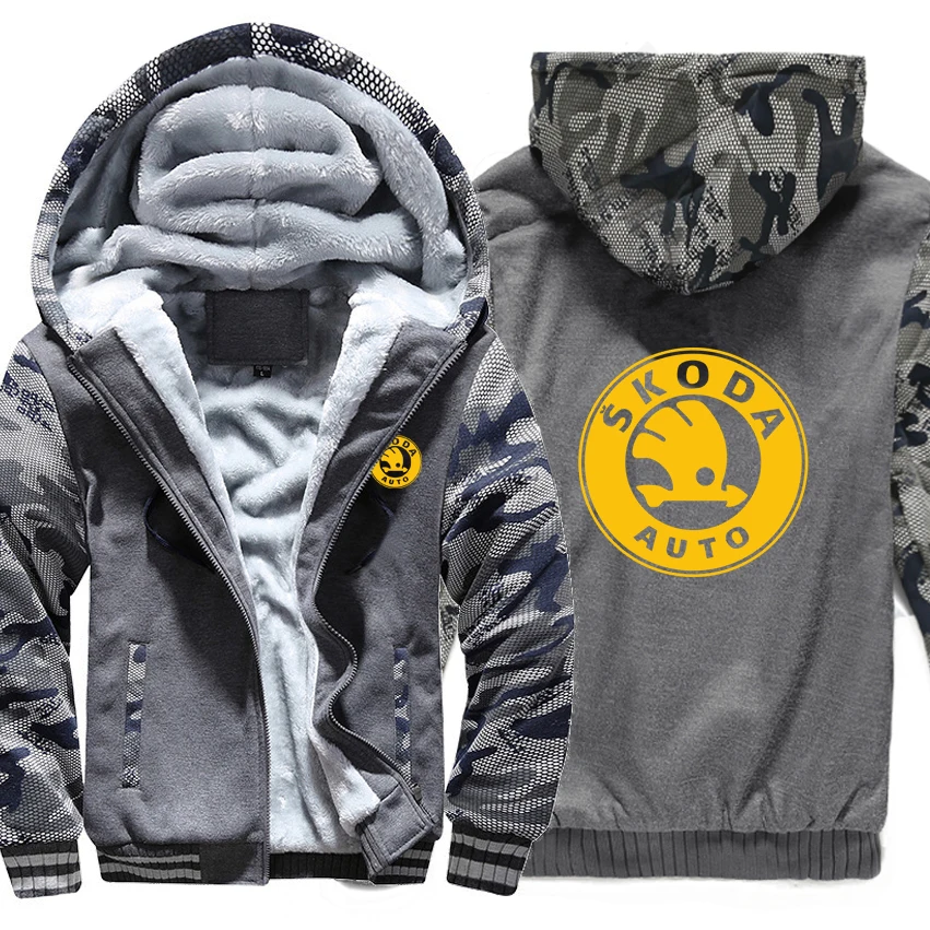 

Skoda Auto Hoodies Winter Camouflage Sleeve Jacket Men Thicken Fleece Skoda Sweatshirts