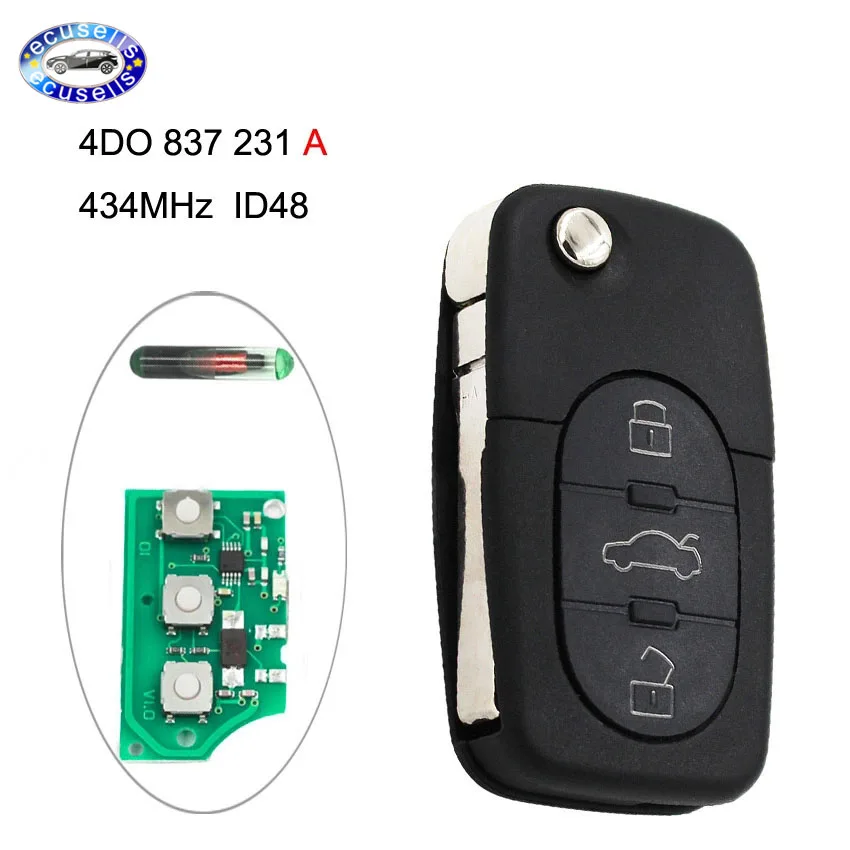 Дистанционный ключ без ключа Fob 3 кнопки 433 92 МГц 4D0 837 231 A для Audi ID48 чип 4D0837231A полный
