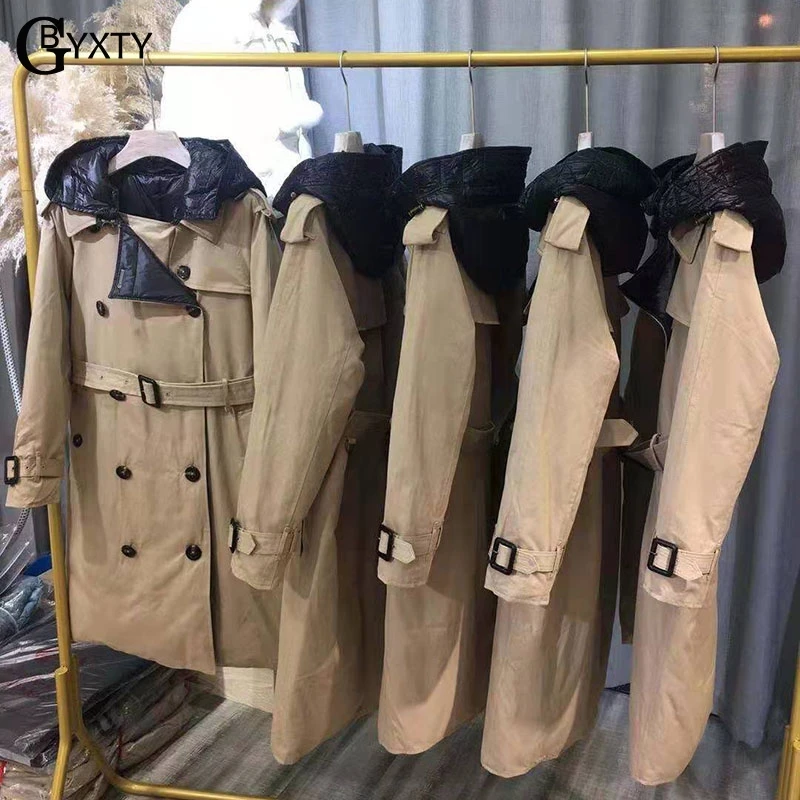 GBYXTY Длинный плащ пуховое пальто зимняя женская двубортная куртка с капюшоном с поясом на утином пуху парка ветровка ZA1735