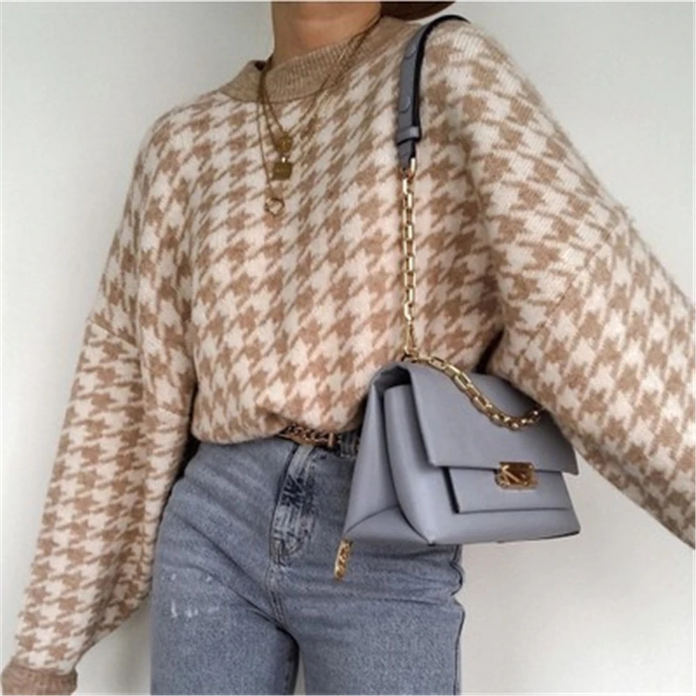 Simple Women Geometric Khaki Knitted Sweater Women Casual Houndstooth Lady Pullover Sweater Female Autumn Winter Retro Jumper