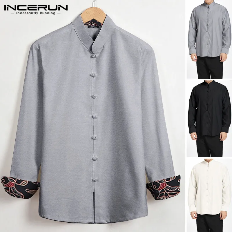 

Рубашка INCERUN мужская с воротником-стойкой, традиционная китайская, однотонная Повседневная, с длинными рукавами, на пуговицах, в винтажном с...
