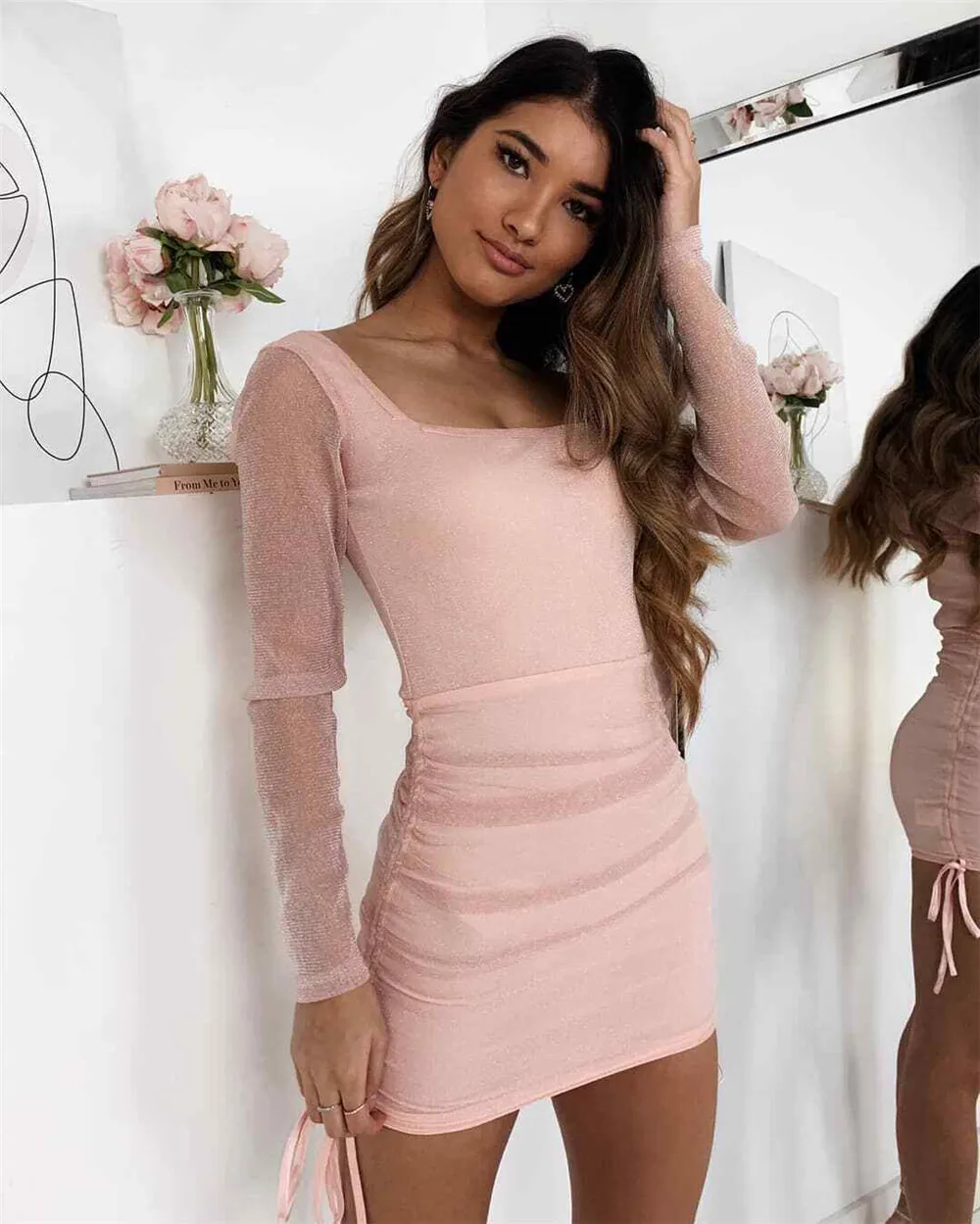 Женское Короткое вечернее блестящее платье элегантное облегающее Сетчатое с