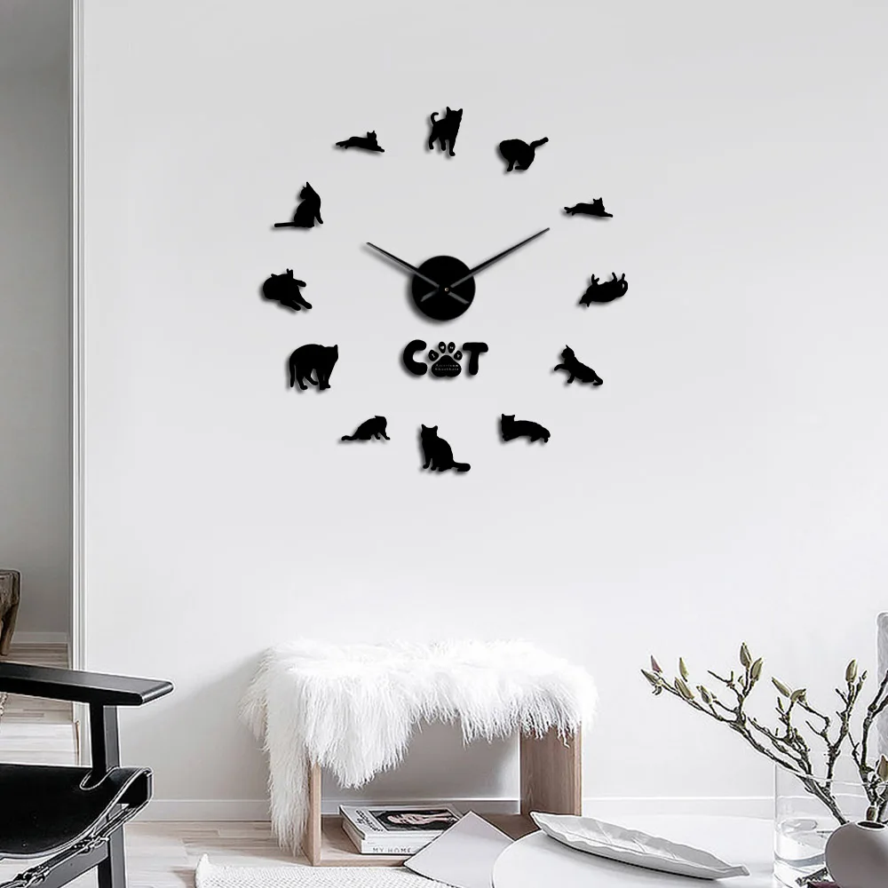 

American Shorthair Cat With Mirror Numbers Stickers Wall Art Clock Watch Animals Design 3D DIY Acrylic Wall Clock