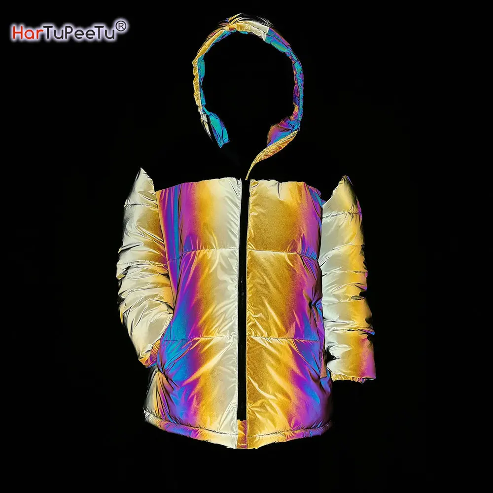 

Winter Warm Women Rainbow Reflective Jacket Yellow Black Patchwork Thick Dowm Cotton Hooded Coat Loose Hip Hop Street Snow Parka