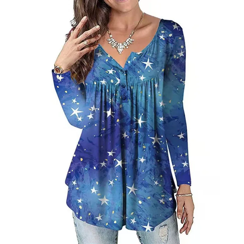 

Женские футболки с градиентным принтом звезд, модная Уличная Повседневная футболка с длинным рукавом, цветочным рисунком, осенняя новая св...