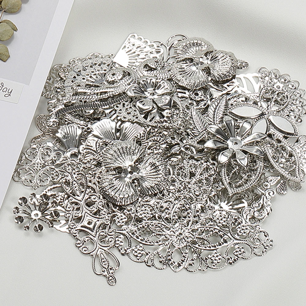 

Mixed Metal Flower Beads Caps Filigree Wraps Connectors Iron Crafts Gift Decoration Gold Rhodium Charms for Jewelry Making DIY