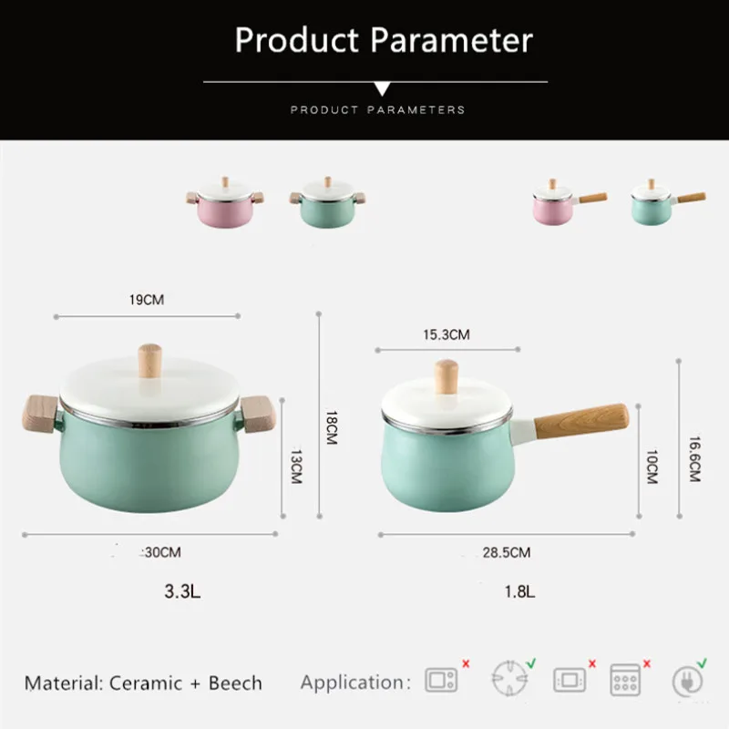 

Kitchen Cooking Pot Set 3.3L Saucepan Enamel Cookware with Wood Handle Ears 1.8 Milk Pot Pink Green Pan Set Free Shipping Items