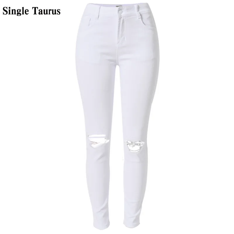 

Fall 2020 Women White Ripped Jeans High Waist Elasticity Slim Hollow Out Skinny Denim Pants Streetwear Vintage Pantalon Femme