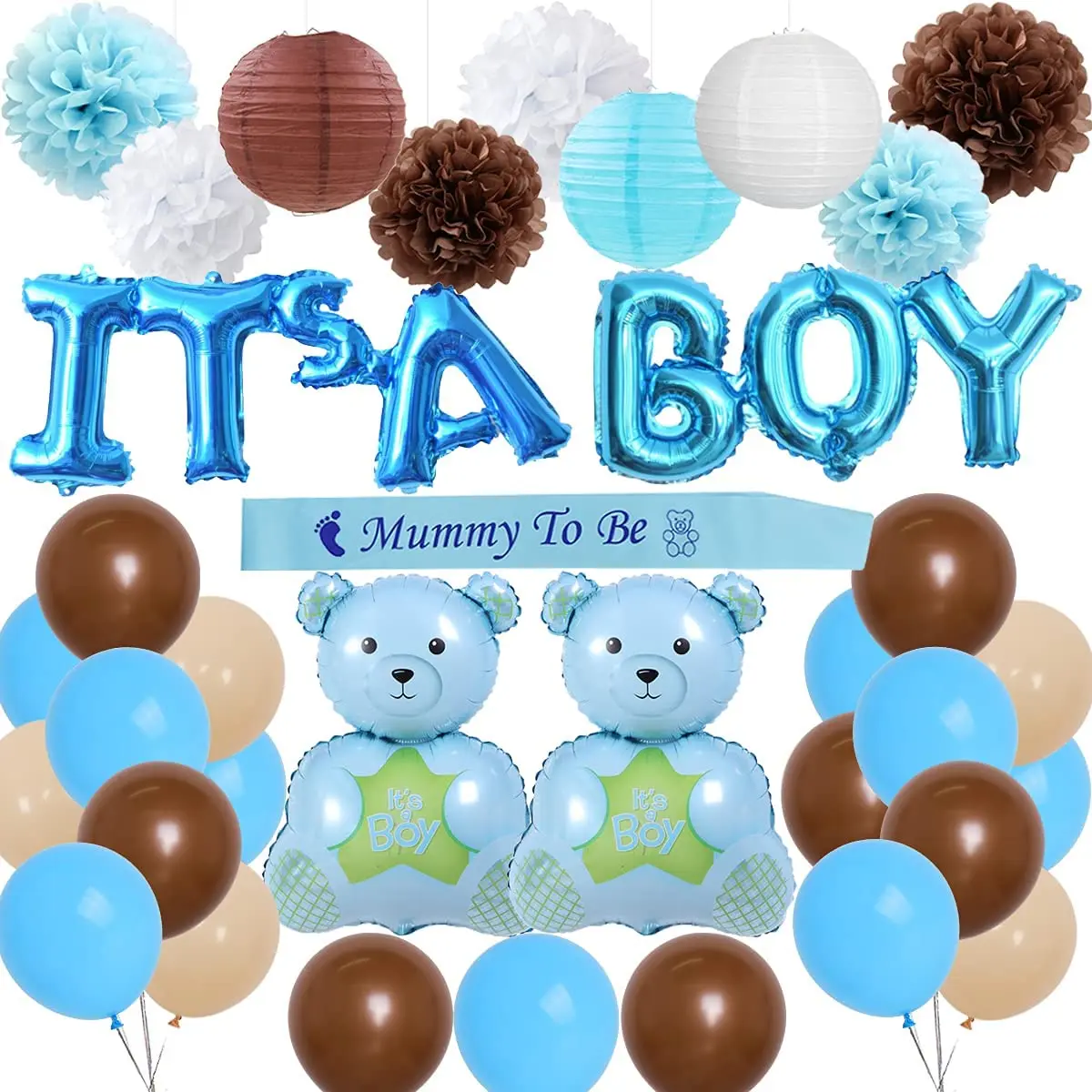 

Bear Baby Shower Gender Reveal Decorations for Boy Balloon Banner Mommy to Be Sash Paper Lanterns Pom-poms Bear Foil Balloons
