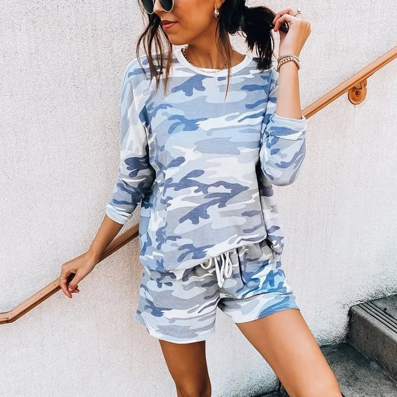 Женский спортивный костюм на завязках повседневная камуфляжная футболка с