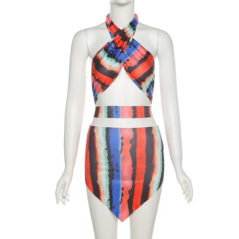 

ANJAMANOR Vintage Striped Print Dress Sets Sexy Club Vacation Outfits 2 Piece Set Summer Cross Wrap Crop Top Mini Skirts D96AG12