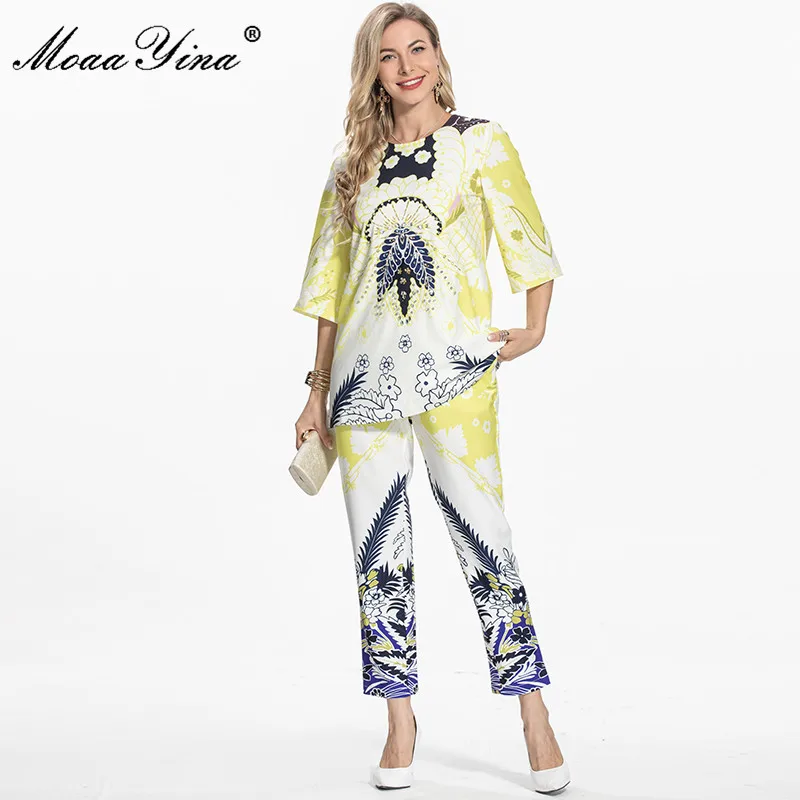 

MoaaYina Fashion Designer Set Spring Women's Half sleeve Beaded Loose Blouses Tops+ pants Print Two-piece suit