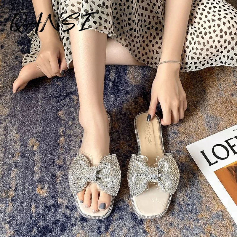 

Fashion Rhinestone Bowknot Flat Women's Slippers Square Toe Transparent Slippers for Women Casual Outside Comfy Woman Slides