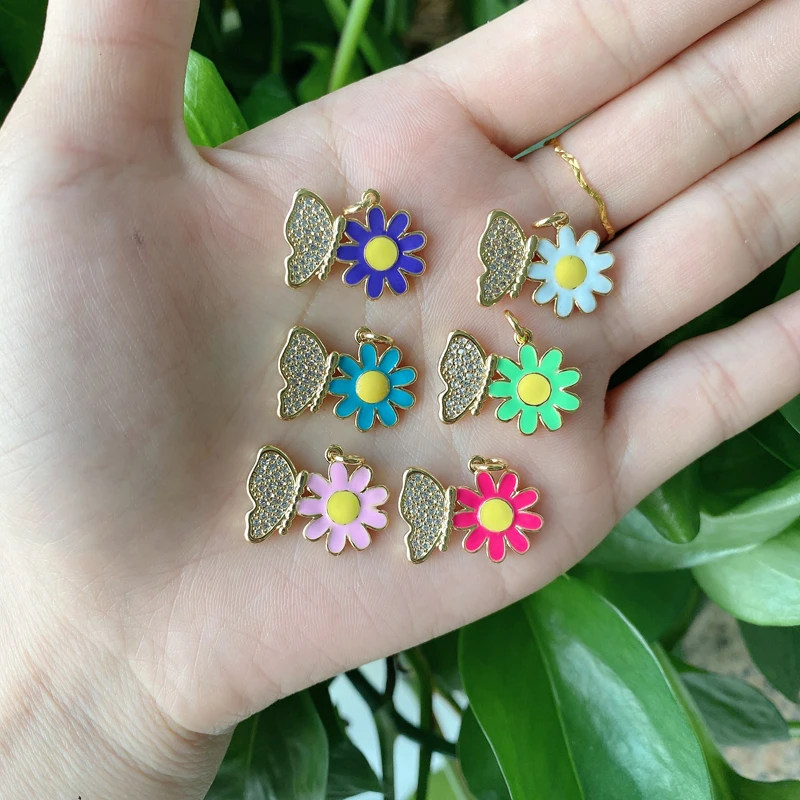

5Pcs/Lot Popular Decorative Brass Drop Oil Colorful Flower Butterfly Pendants