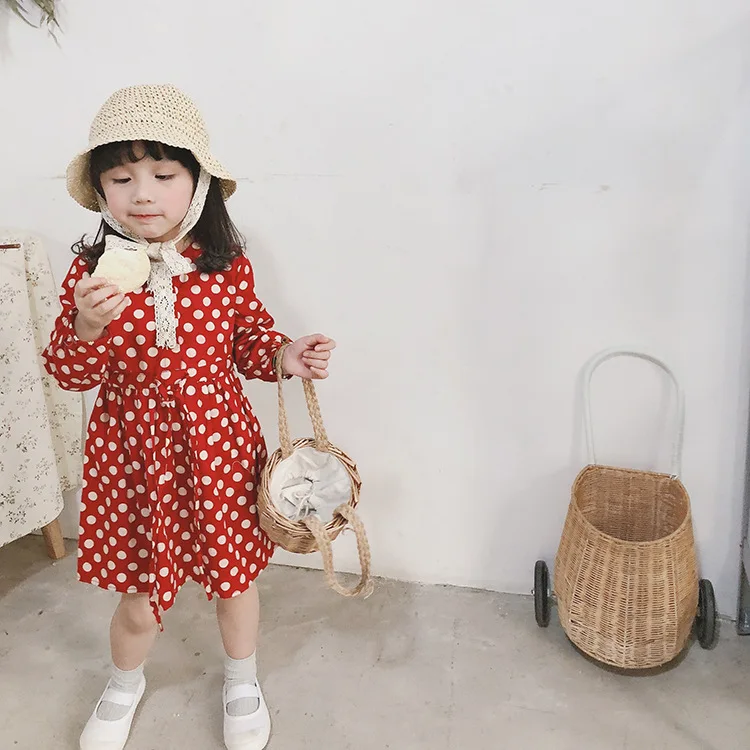 Весенние милые платья в горошек с длинным рукавом для девочек женское хлопковое
