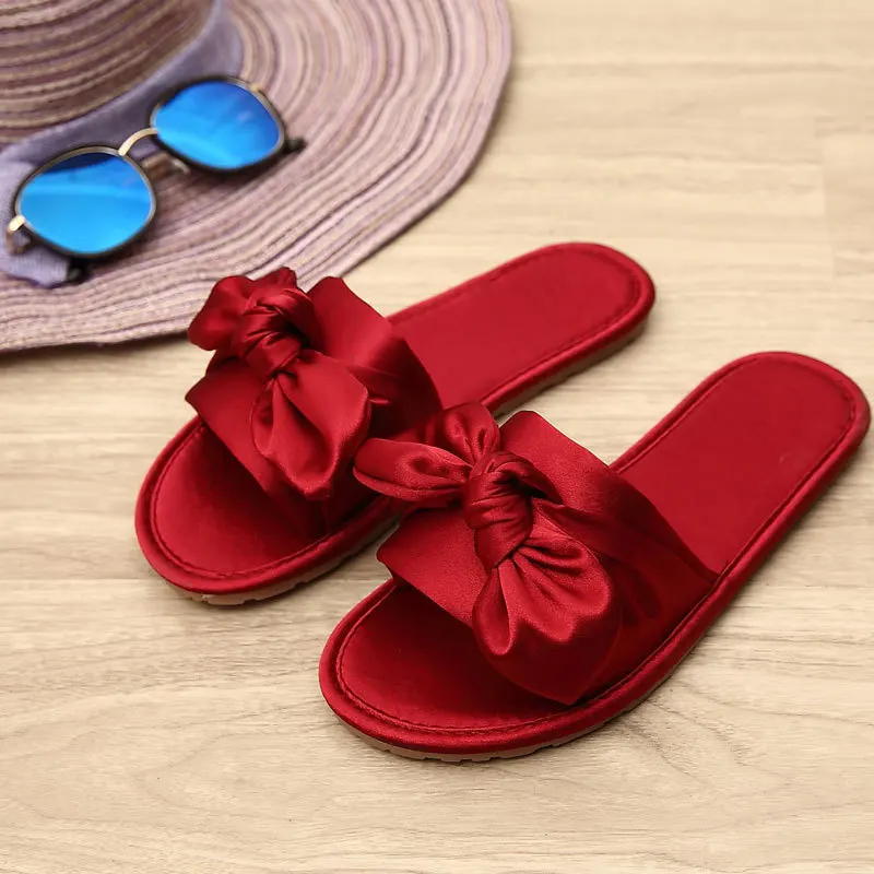 Новинка женские домашние тапочки из искусственного шелка с бантом и открытым
