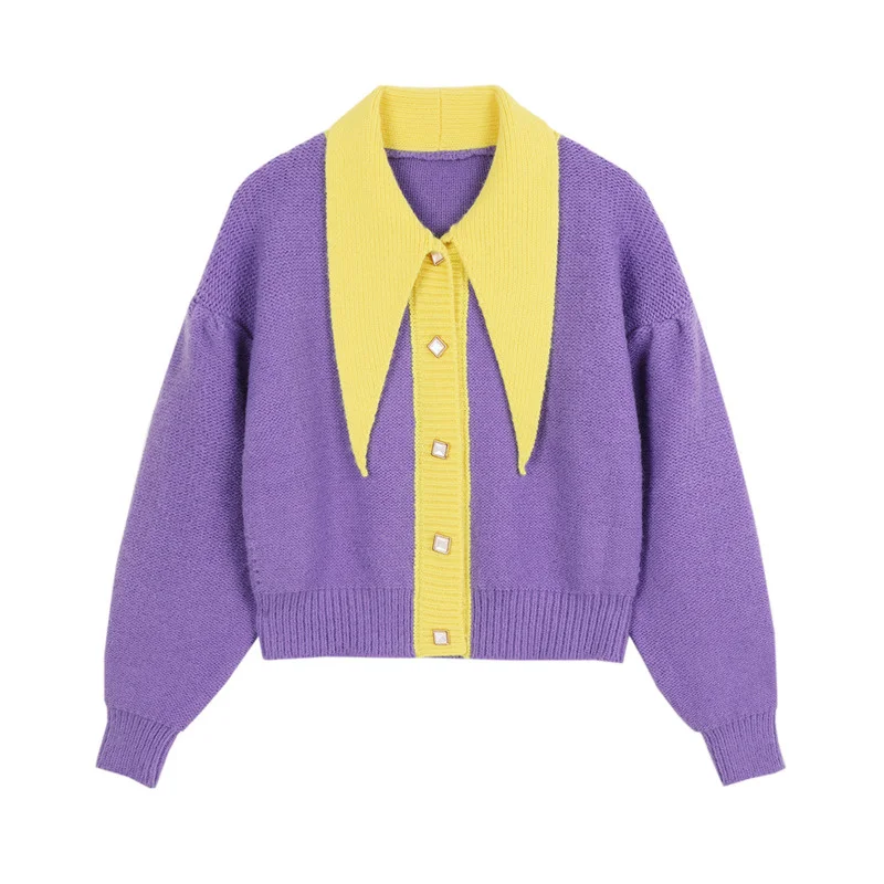 

New Cardigan Women Knitted Sweater Big Collar L Korean Tops Female Lady Jumpers Coat Color Matching Single-Breasted Harajuku