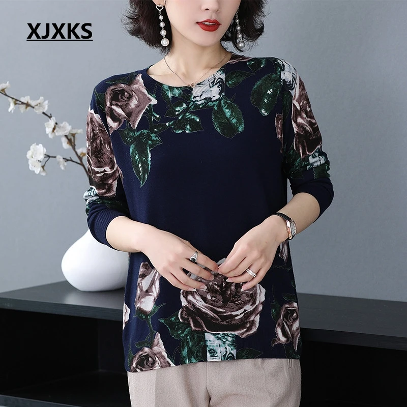 XJXKS Modis Print Flower Sweater Women Vintage Beautiful Sweaters And Pullovers Long Sleeve Tops Knitted | Женская одежда