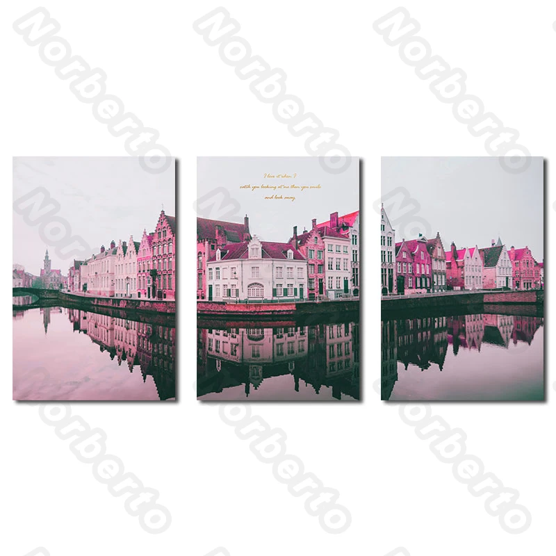 

Pink City Picture Canvas Painting Wall Poster a Romantic City with European Buildings Rivers and Letter for Home Rooms Decoratio