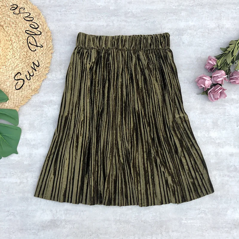 

Autumn Metallic Velvet Pleated Short Skirt Elastic Waist Pleuche A-line Mini Skirts Blue Green