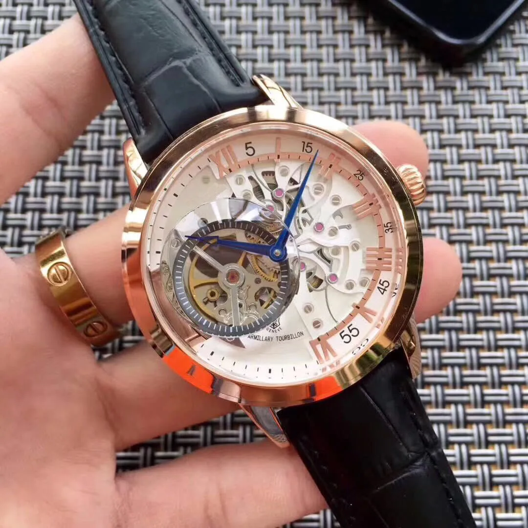

New Men Luxury Rose Gold Brown Black Leather Gent Automatic Mechanical Sapphire Tourbillions Watches Glass Back See Through AAA+