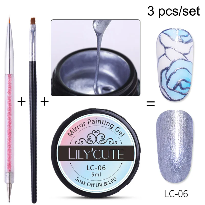 3pcs LC-06 LILYCUTE металлическое зеркало набор гель-лаков для ногтей металлическое зеркало Гель-лак для живописи Нейл-арт Рисование длительное впитывание УФ-гель - Цвет: 3pcs LC-06