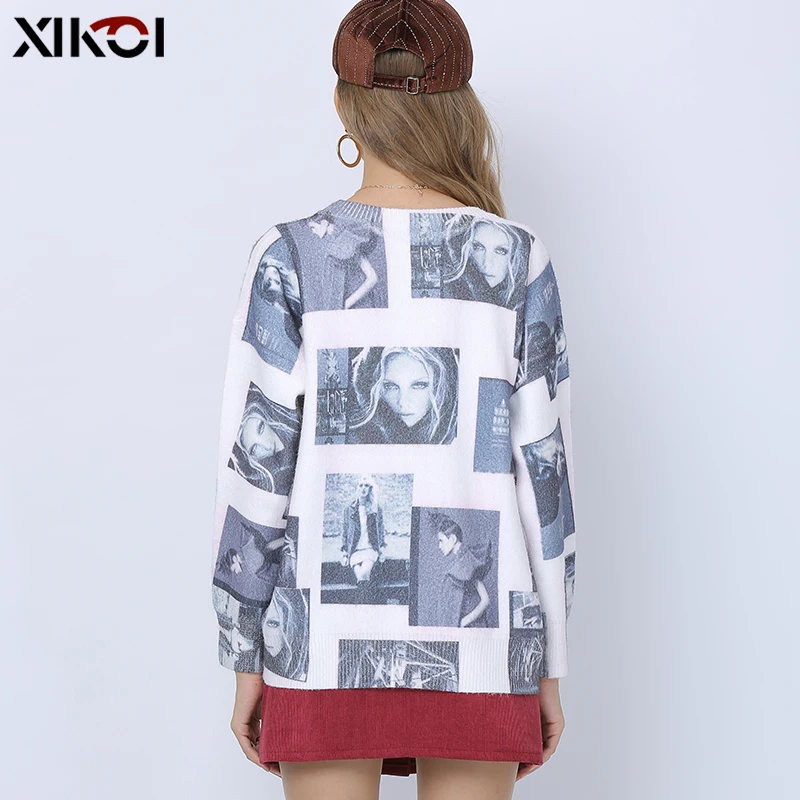 Модные свитера XIKOI с принтом идола Женский Зимний вязаный пуловер Повседневный