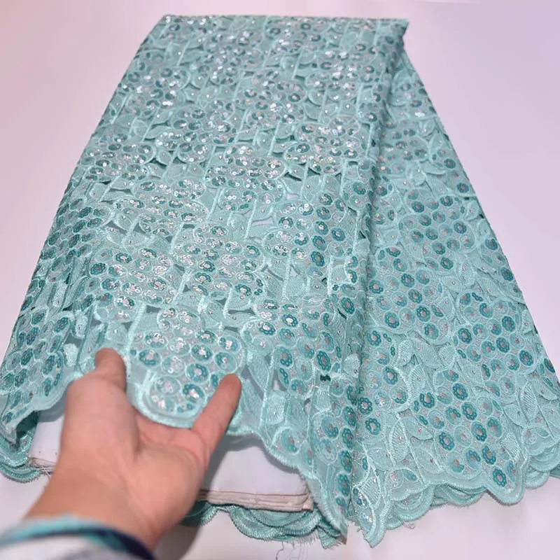 Аква зеленые блестки нигерийские кружева сеточка ткань Дубай вышитые