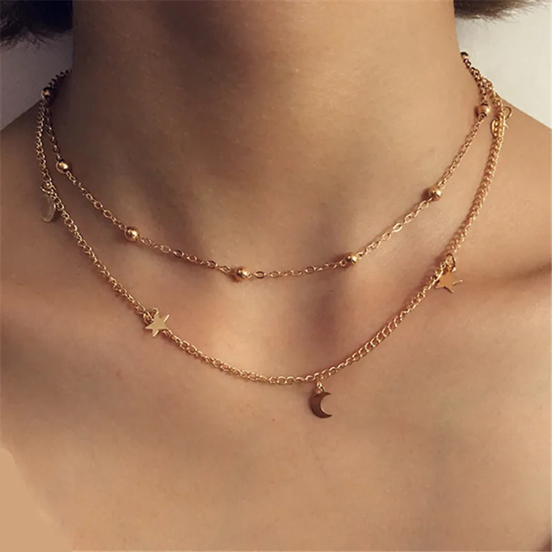 

Multilayer Beads Moon Star Double Chain Choker Star Gold Women Choker Necklaces Pendants Femme Chain Jewelry Kpop Collare Gift