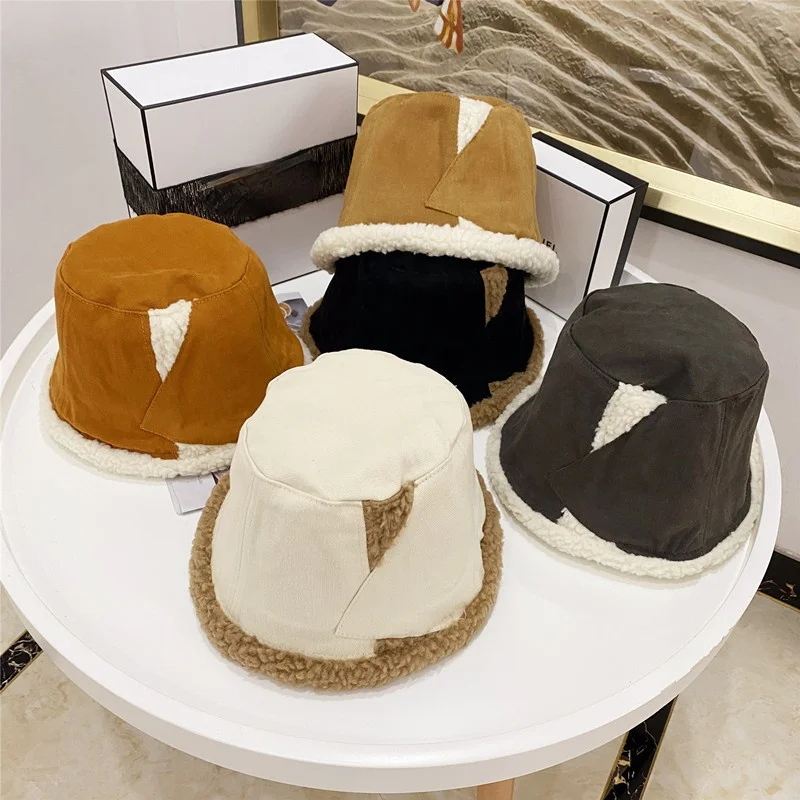 

Double-sided Women's Autumn and Winter Fisherman Hat Sun-shield Lamb Plush Bucket Hat Outdoor Warm Panama Hat