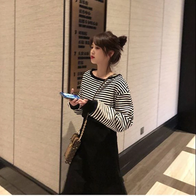 Женский комплект свитшот с круглым вырезом пуловер Полосатая майка платье в