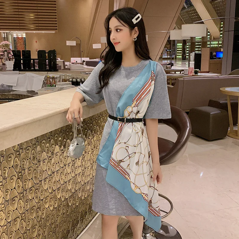 

Real Shot 2021 Summer New Asymmetric round Neckline Dress Print Panel Short Sleeve Dress Female Tide