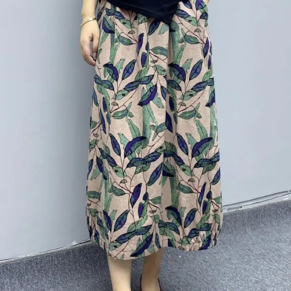 Женская юбка миди из хлопка и льна осенняя с высокой талией принтом женские юбки