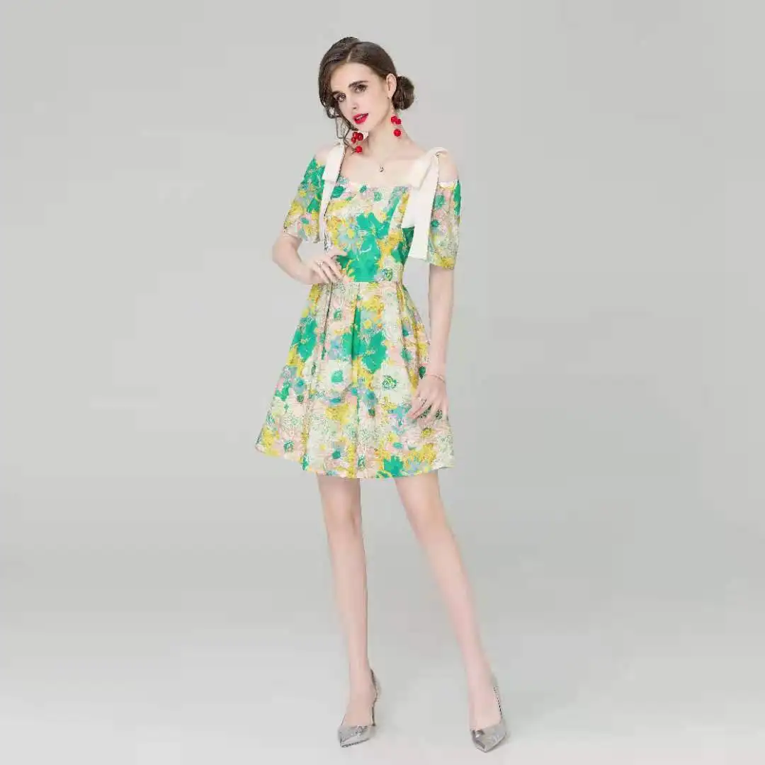

Vintage Party Dress Women Summer 2021 Women's Sexy Sqaure Neck Printed Bow Shoulder A-Line Mini Dress Female Vestidos