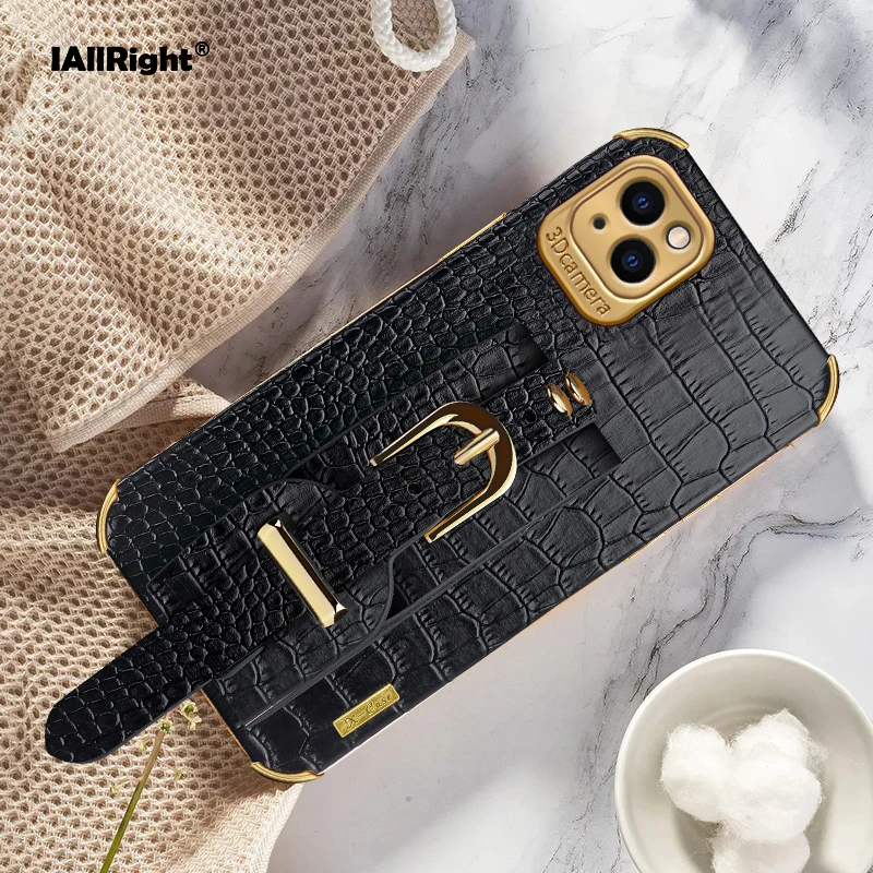 

Luxury Crocodile Pattern Leather Case For iPhone 13 12 11 X XR XS 7 8 Max Cover Plating Shockproof Stand With Strap Funda Capa