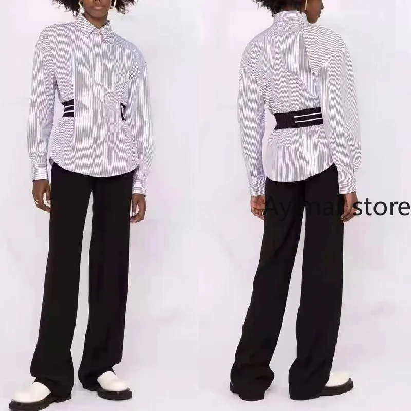 

High quality aw2021 new women's letter printed elastic waist Lapel Long Sleeve Striped Shirt ladies tops women shirts