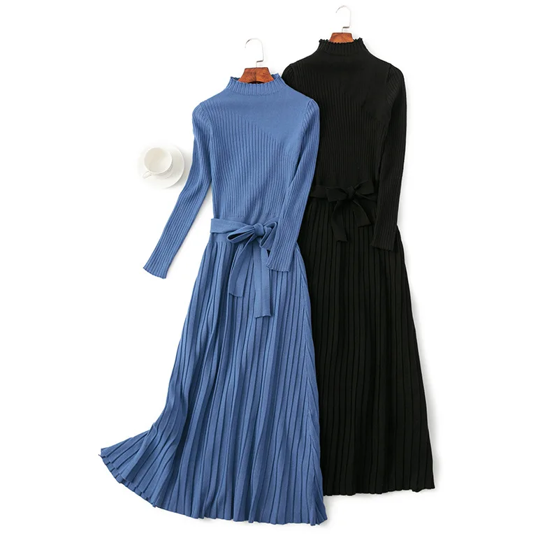 Женское трикотажное плиссированное платье свитер SINGRAIN осенне зимнее эластичное