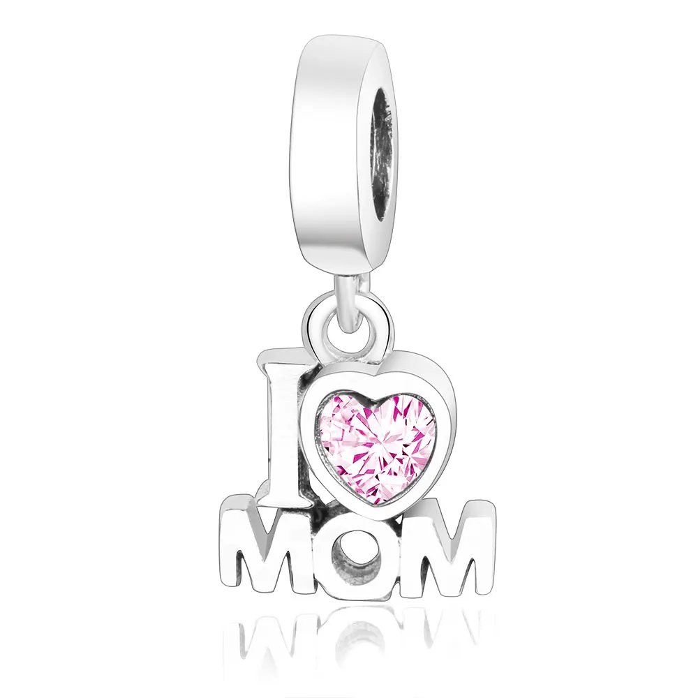 2018 высокое качество 925 стерлингового серебра I LOVE MOM Висячие бусины с розовым CZ