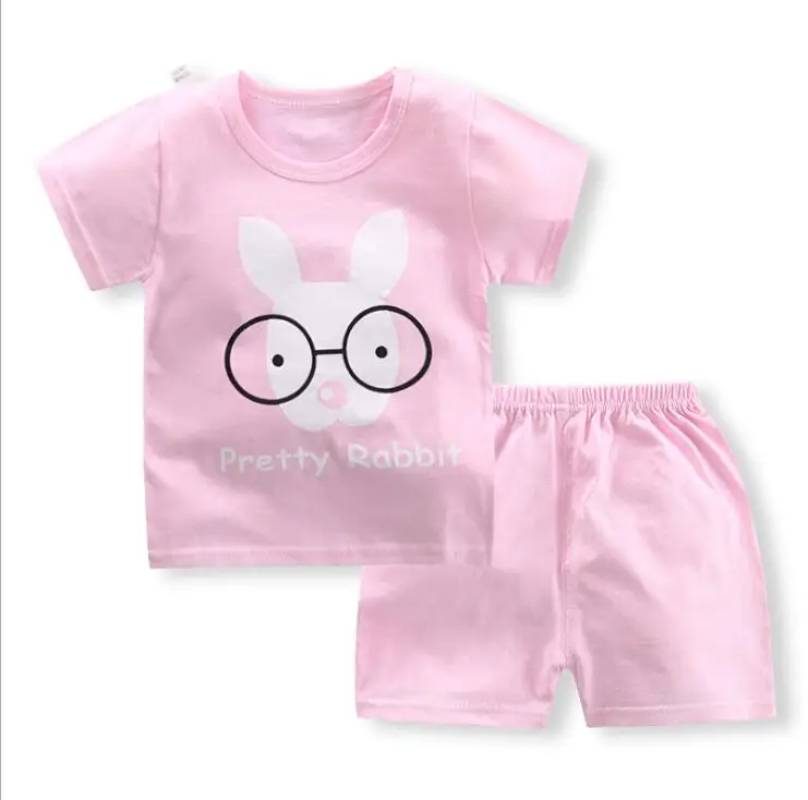 pink Для детей возрастом от 0 до 4 года 2 шт./компл. костюмы с принтом в виде героев мультфильмов, лето короткий рукав футболка с короткими рукавами из хлопка, Детская наборы для девочек костюм для детей, одежда для малышей - Цвет: pink