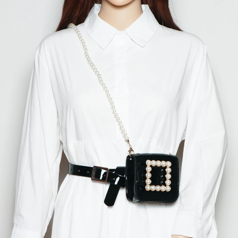 

2021 Pearl Chain Messenger Bag For Women Mini Flap Coin Bag White Black PU Leather Waist Belt WIth Bag Women Fashion Waist Packs