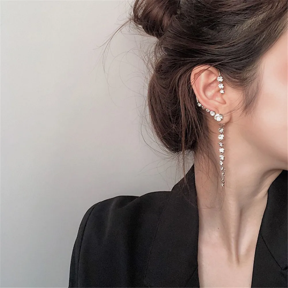 

Korean 2021Fashion Full Drill Long Syle Without Ear Hole Ear Hanging Women's Single Personality Super Flash High Sense Earrings