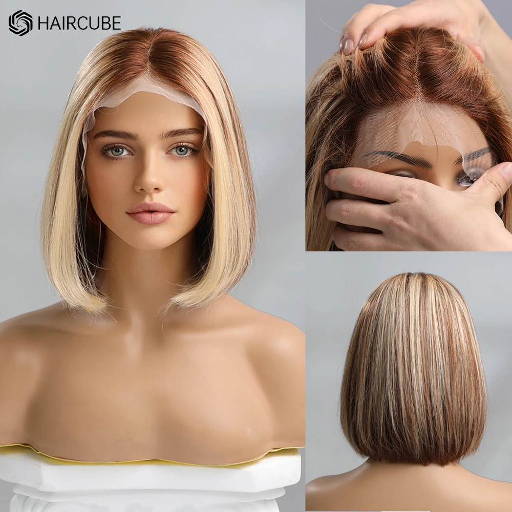 HAIRCUBE 13*1 Lace Bob Wig for Women Ombre Blonde Human Hair Lace Wigs with Brown Highlight Short Straight Wigs High Temperature
