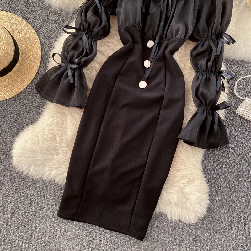 

Sexy Square Collar Black/White Patchwork Party Dress Women Elegant Flare Long Sleeve High Waist Slim Vestidos Autumn Winter New
