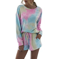 y2k womens tie dye print long sleeve o collar pullover leisure tops shorts set two piece sets white outfit jogging femme suit